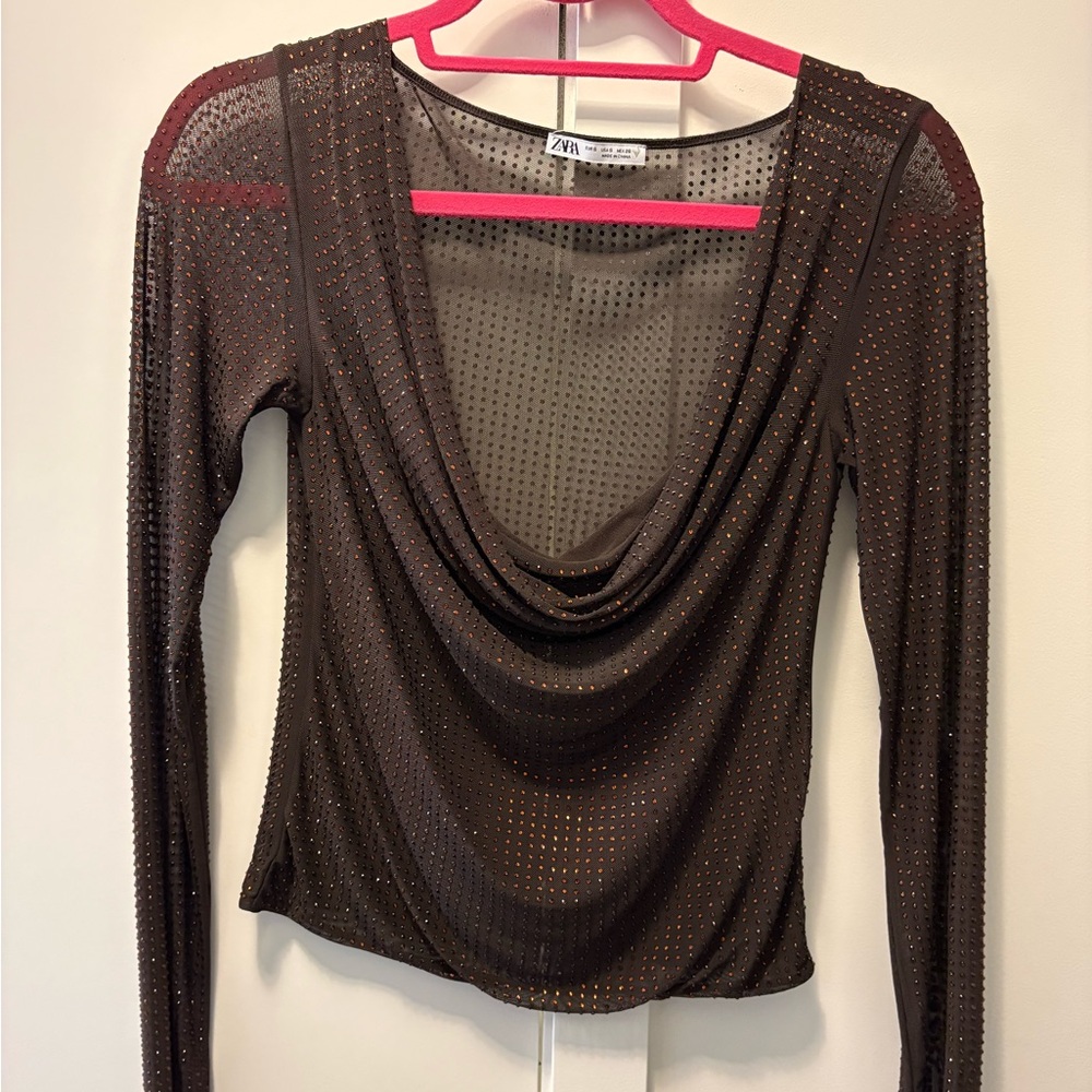 Zara Brown Sheer Cowl-Neck Long Sleeve Top